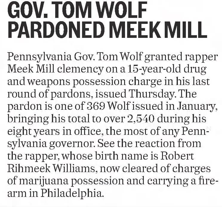GOV. TOM WOLF PARDONED MEEK MILL