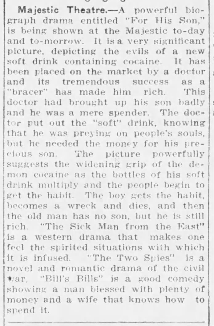 "Majestic Theatre" [review of "For His Son'], Victoria [BC] Daily Times, Mar. 15, 1912, p.23