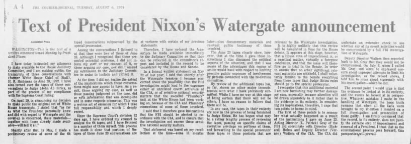 Nixon admits that he hid incriminating evidence, resigns four days later.