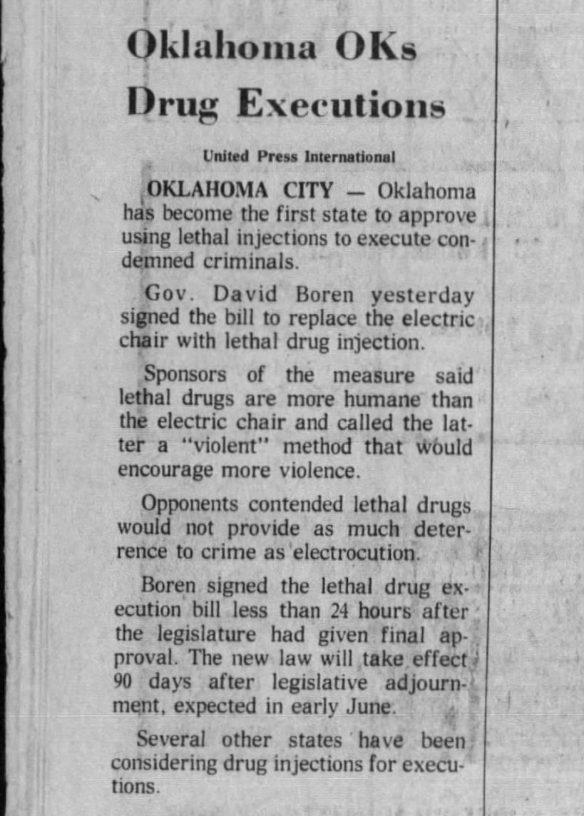 Oklahoma becomes the first state to switch to lethal injection.