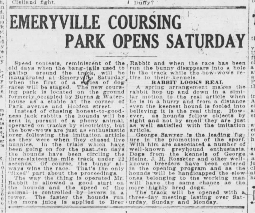 First modern greyhound race, with mechanical lure, May 29, 1920 in Emeryville CA