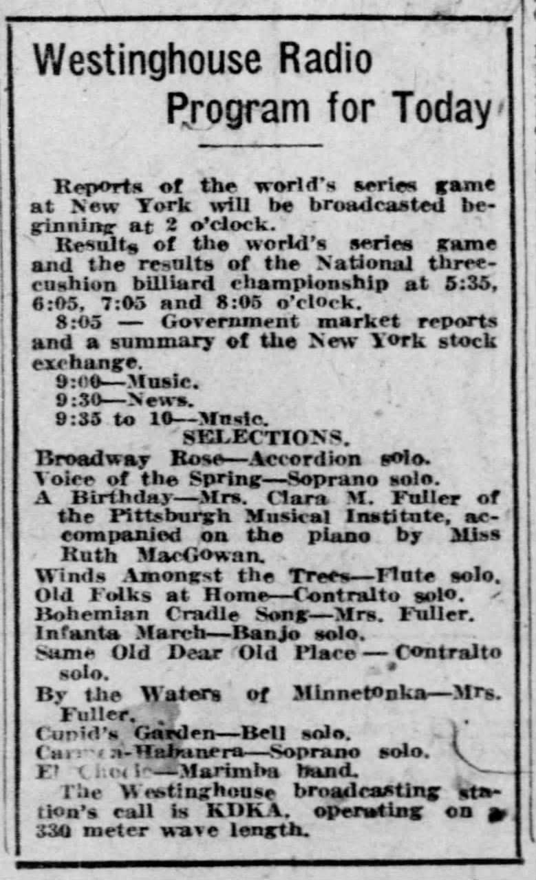 The first World Series broadcast, October 5, 1921, KDKA