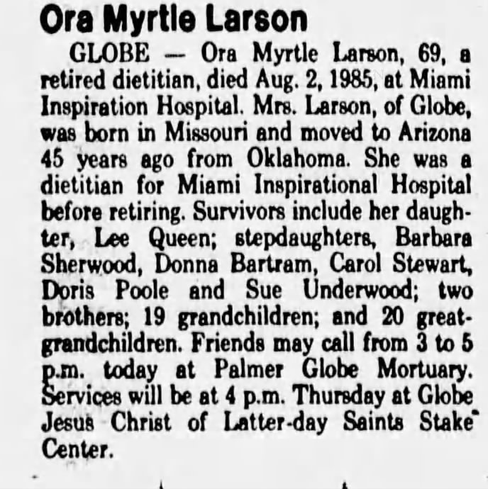 Obituary for Ora Myrtle Larson (Aged 69)