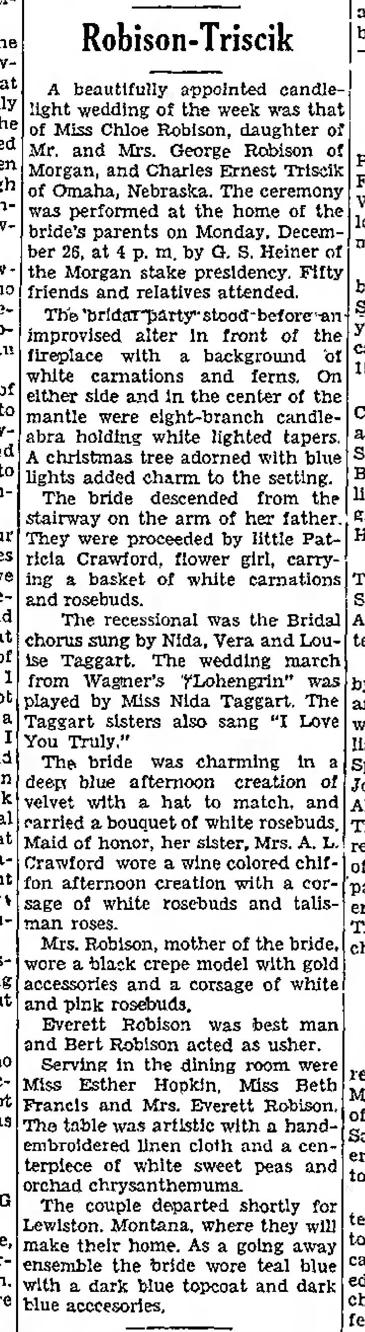 Robison Triscik Marriage.
Morgan County News  Morgan, Utah
Fri, Dec 30, 1938 – 1