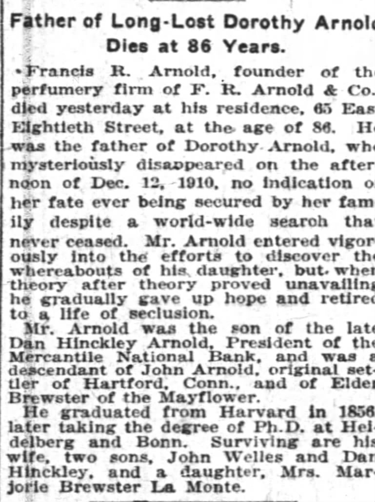 1922 death of Francis Rose Arnold, lists survivors as wife, 2 sons and 1 daughter