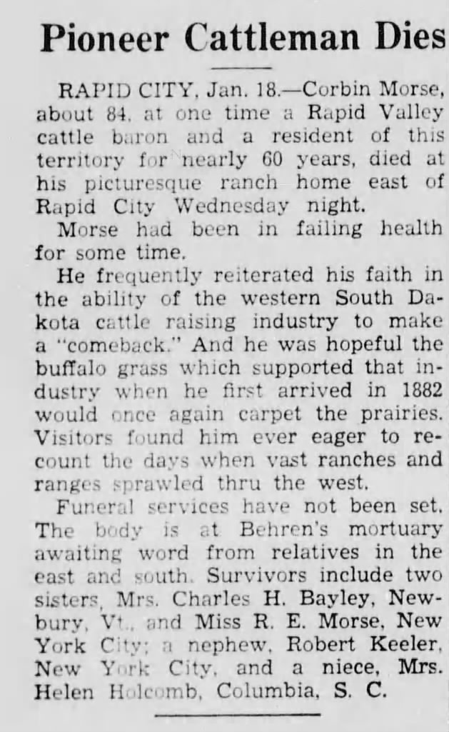 Jan 1940 death of Corbin Morse in Deadwood Pioneer-times (SD)