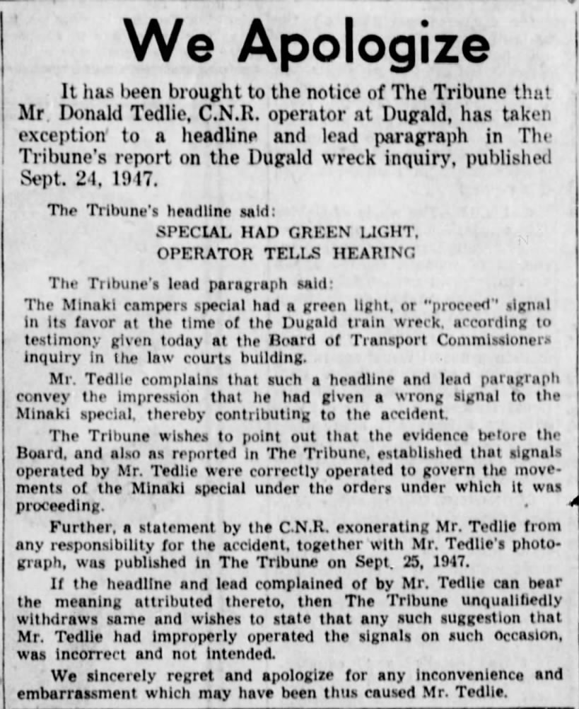 Dugald apology Oct 2 1947 Tribune