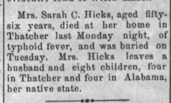 Death Notice, Sarah C. (Gibson) (Friddle) Hicks, 1905