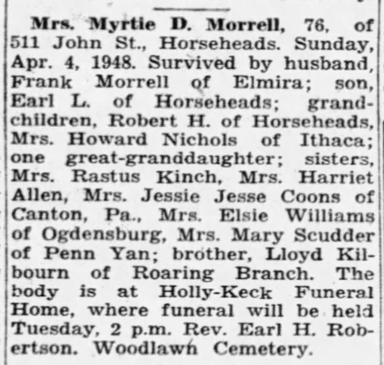 Myrtie D Morrell 4 April 1948 Obit