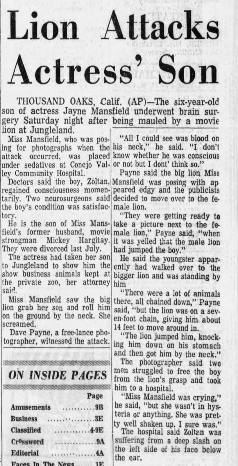 Lion Attack's Jayne Mansfield's son,