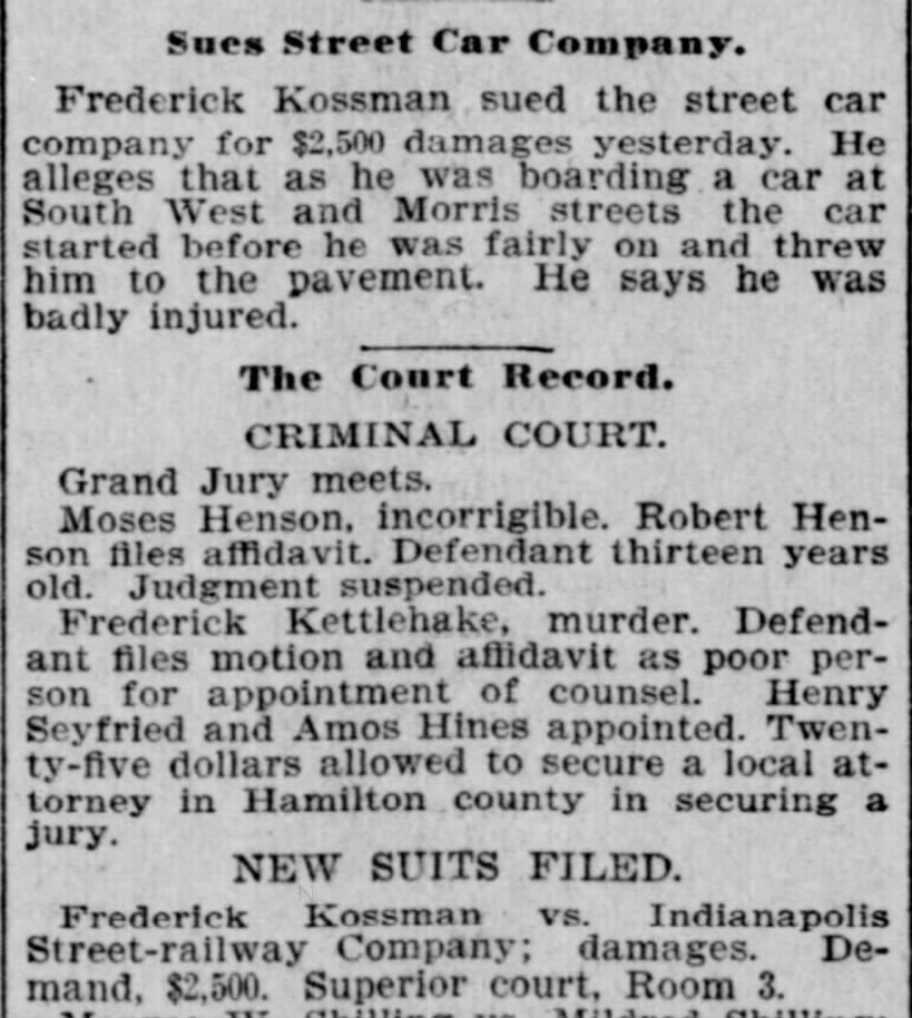 Frederick Kossman sues Street Car