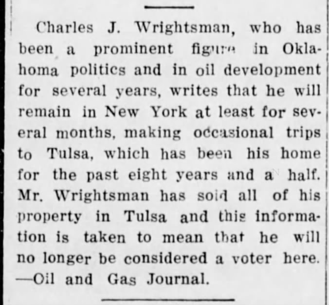 Wrightsmans move to New York from Tulsa_1915.