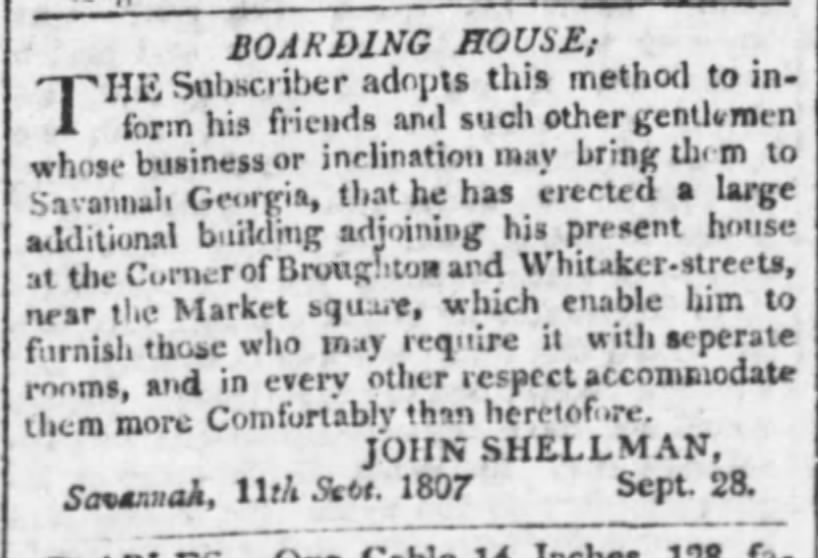 John Shellman, Savannah boarding house 1807