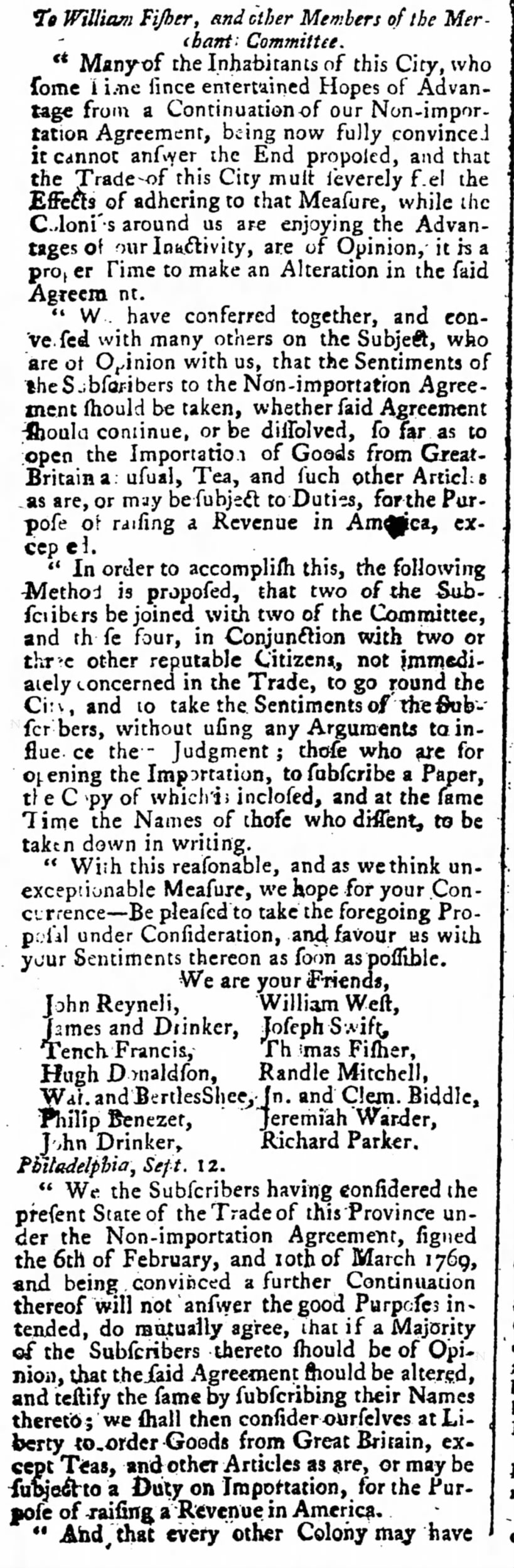 Philadelphia Merchant Committee_trade_Tench Francis, Drinker, Biddle et al_1770