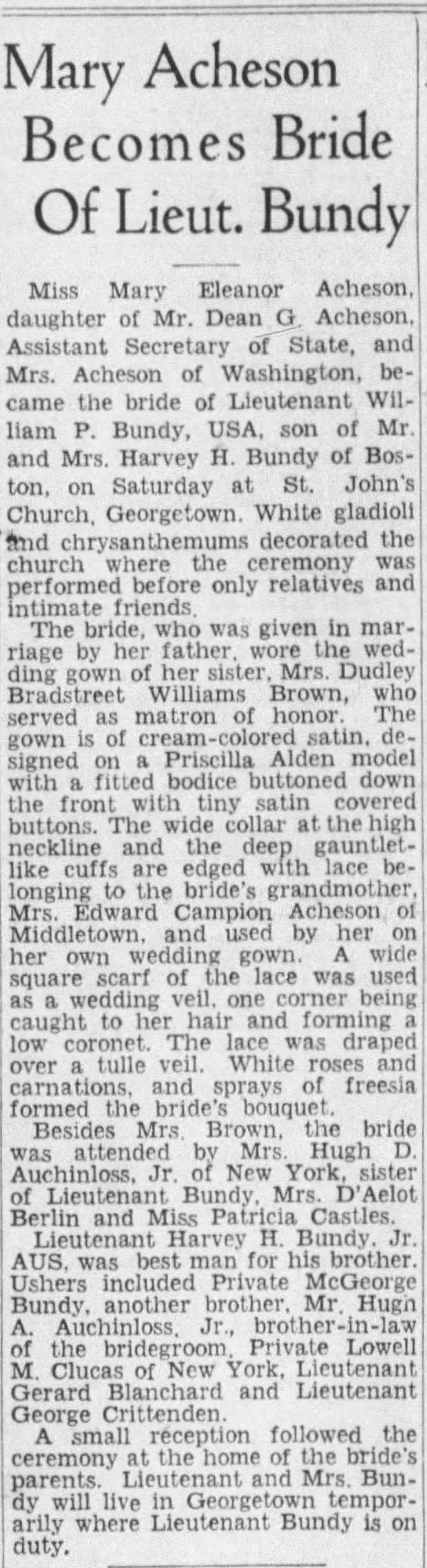 Dean Acheson's daughter weds William P. Bundy_1943