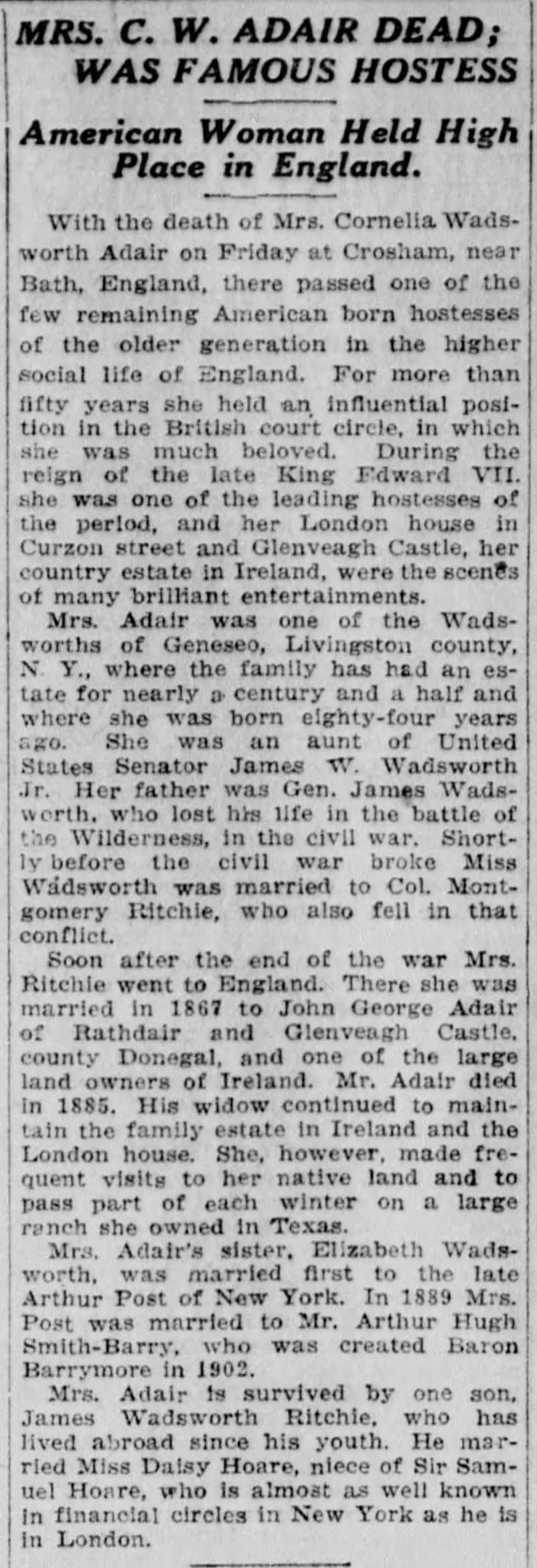 Obituary for Cornelia Wadsworth Ritchie ADAIR 1921