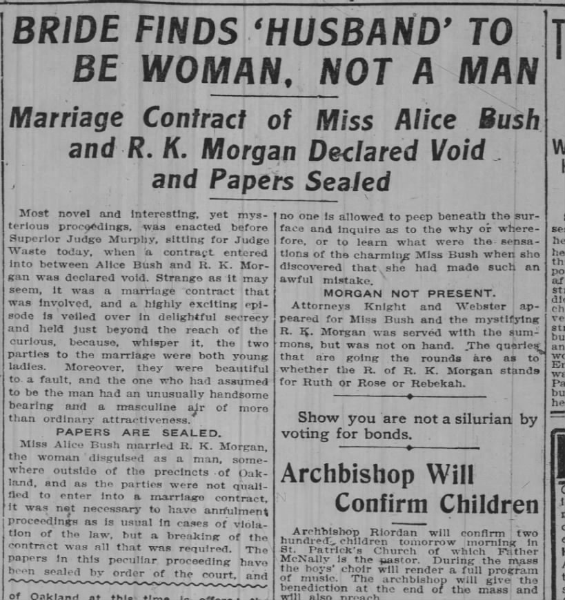 Alice Bush wed to R.K. Morgan_void 1909
