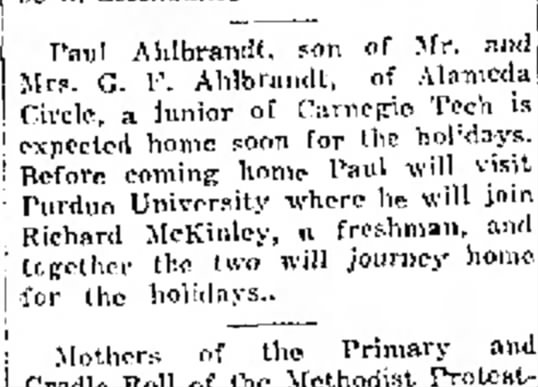 J. Paul Ahlbrandt home for the holidays 1926