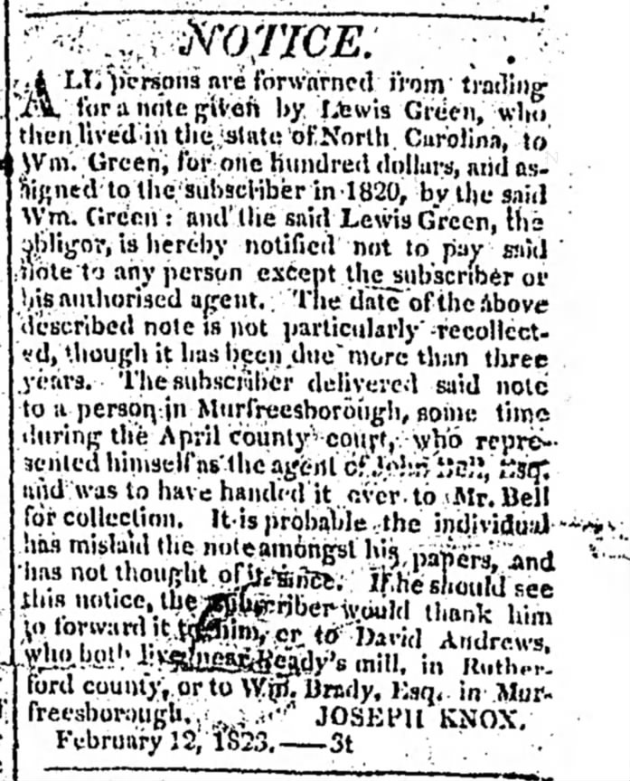 Notice forwarning from trading for a note given by Lewis Green to Wm Green_12 Feb 1823-Tennessee