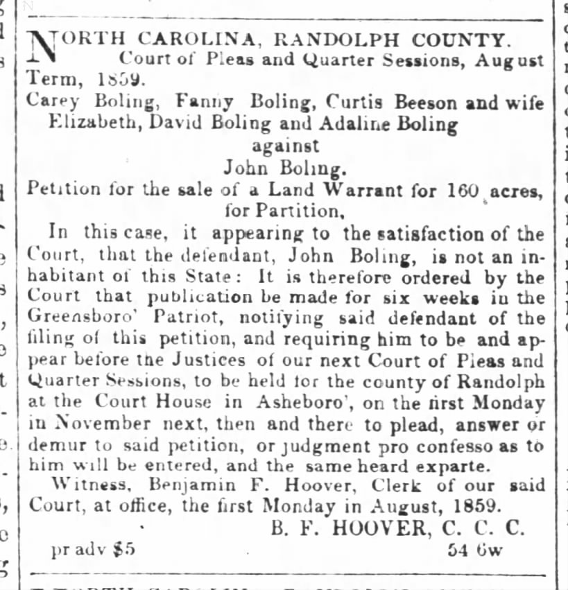 North Carolina, Randolph County. Court Session: Boling/Beeson vs John Boling.