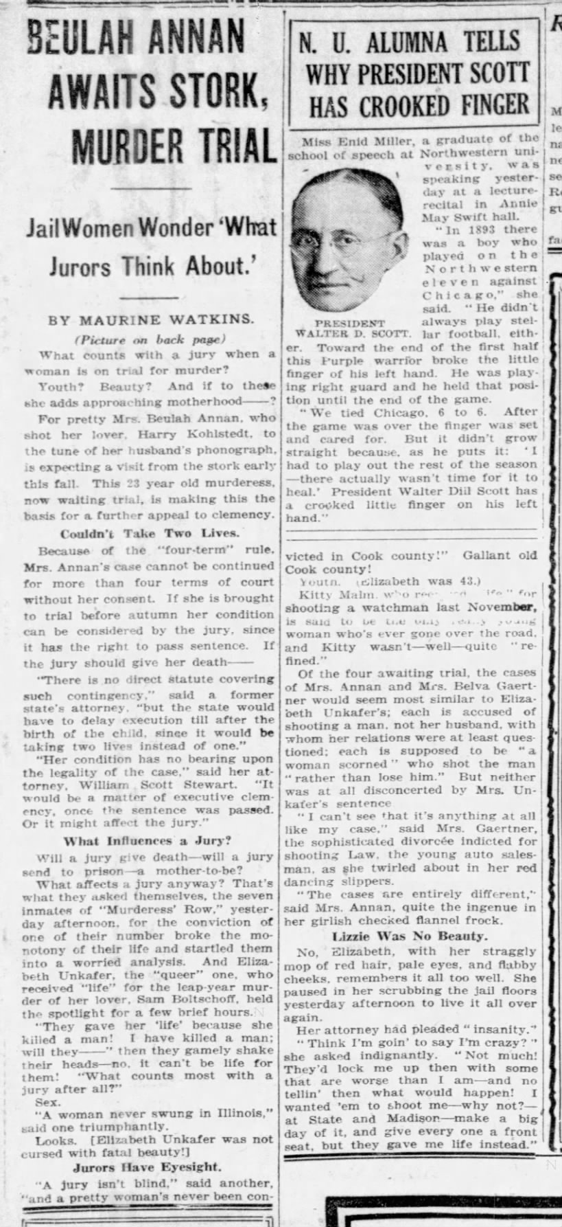 Maurine Watkins, 9 May 1924 "Beulah Annan Awaits Stork, Murder Trial"