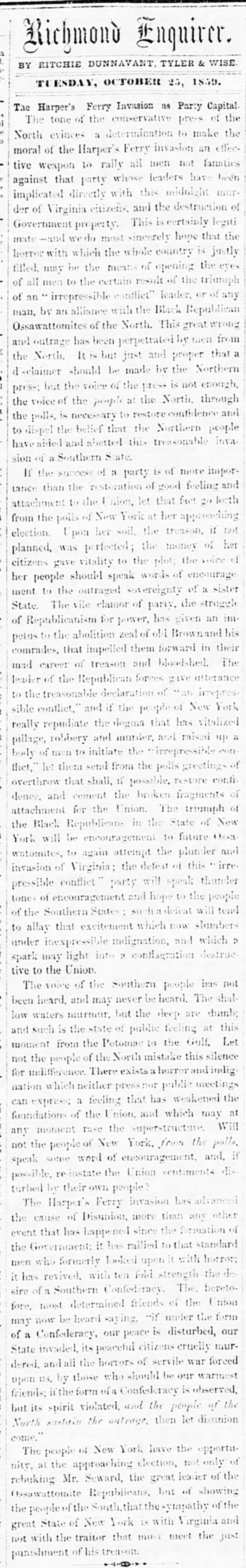 Editorial on political implications of Harpers Ferry raid