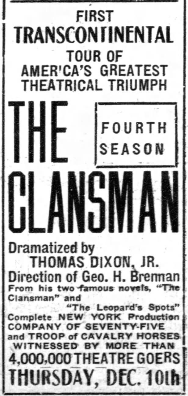 Advertisement for The Clansman (play), by Thomas Dixon Jr.