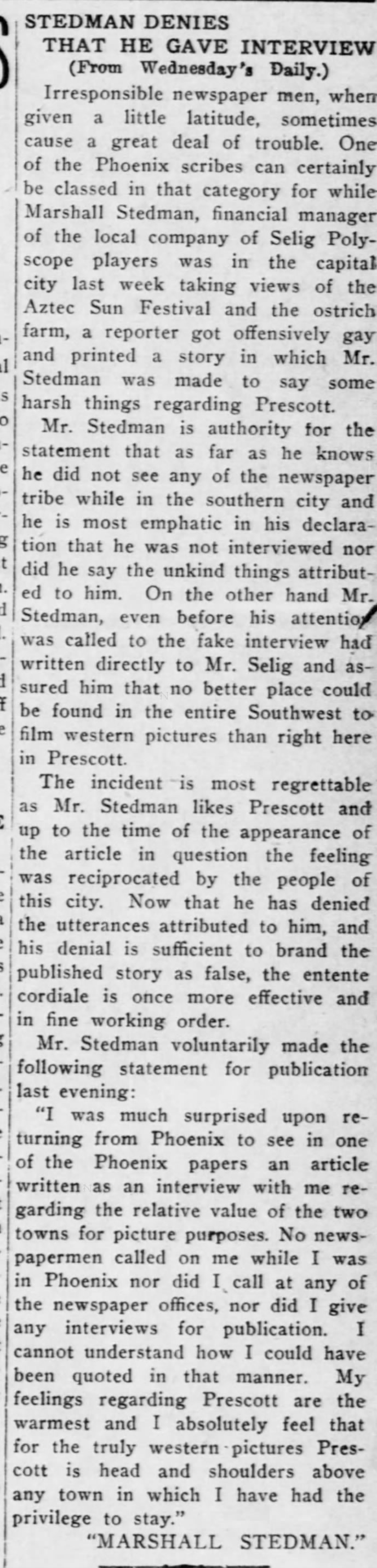 Marshall Stedman fake interview Weekly Journal-Miner Prescott AZ 26 Feb 1913