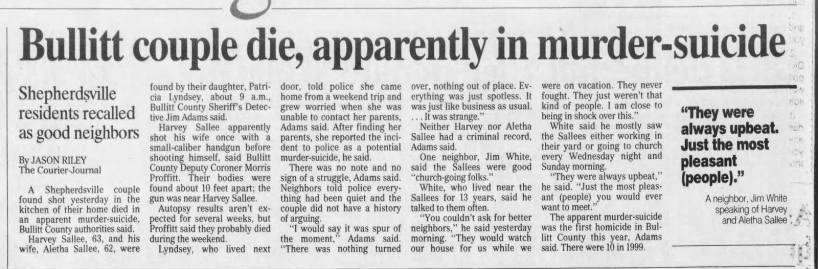Death of Harvey and Aletha Sallee, Louisville, Kentucky, 18 Apr 2000.