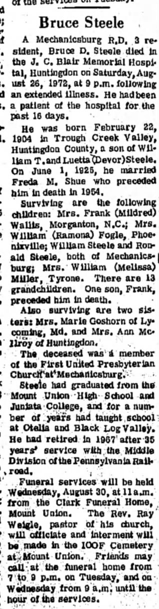 Bruce Steele Obituary, 26 Aug 1972, The Daily News, Huntingdon, Pennsylvania.
