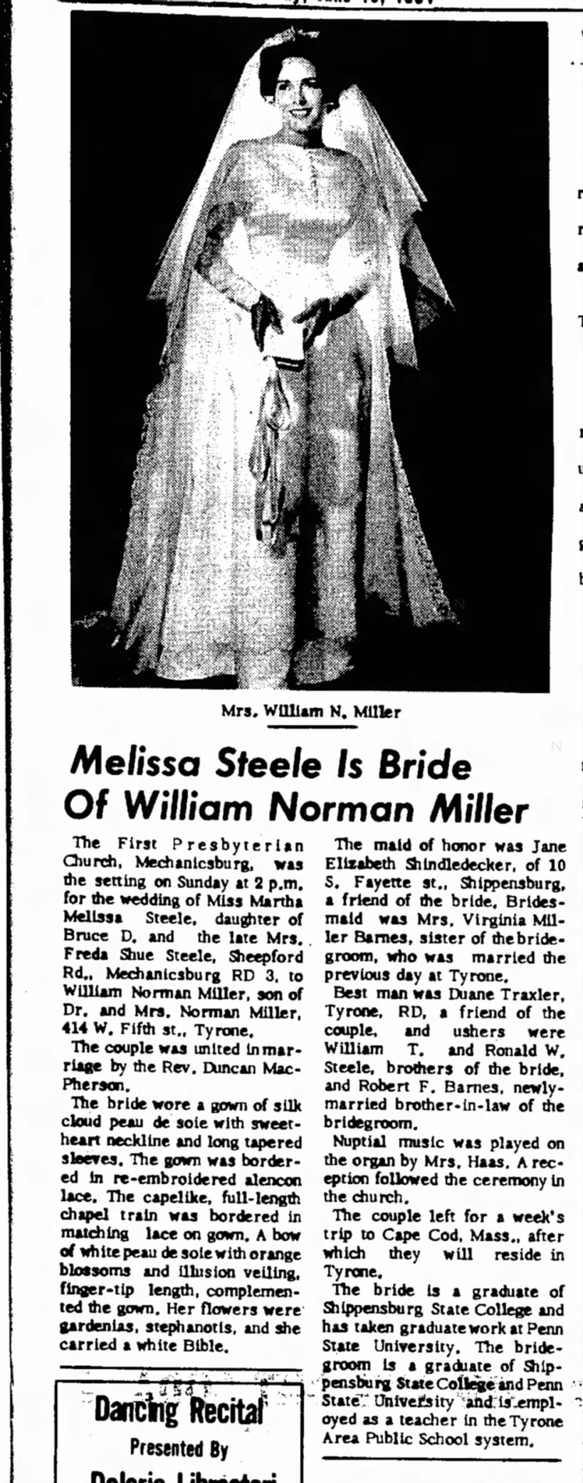 Melissa Steele is Bride of William Norman Miller.