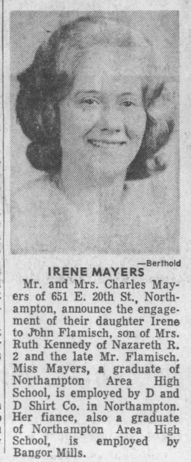Engagement of John Flamisch and Irene Mayers, Allentown, Pennsylvania, 17 Feb 1965.