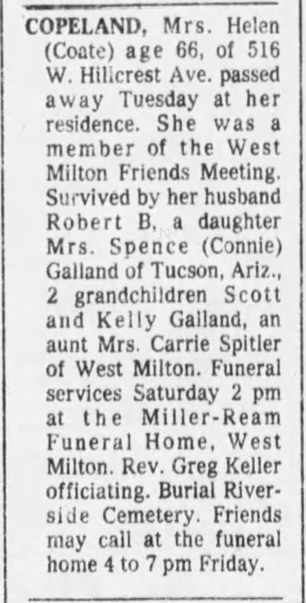 Obituary for Helen Coate Copeland, Dayton, Ohio, 23 Nov 1977.