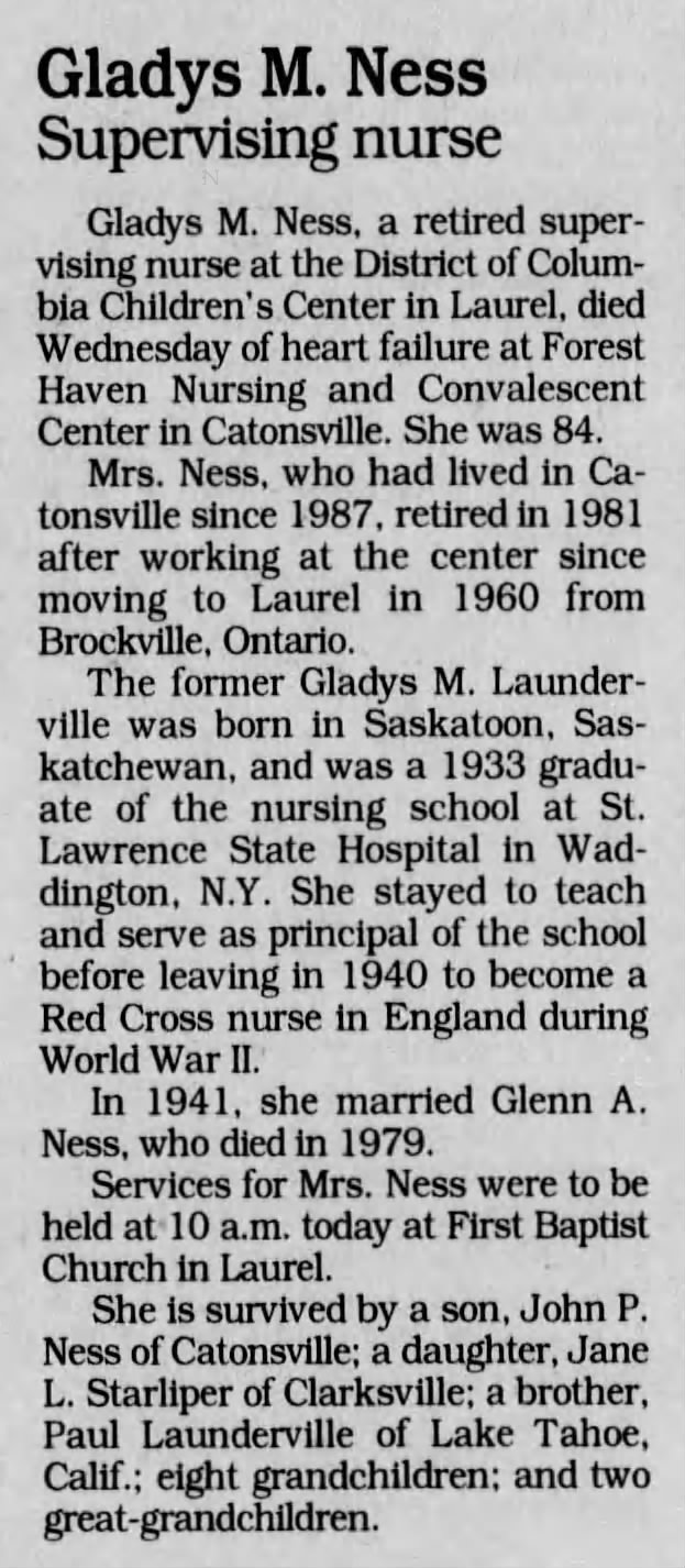 Gladys M Ness (nee Launderville) Obituary The Baltimore Sun September 2, 1995