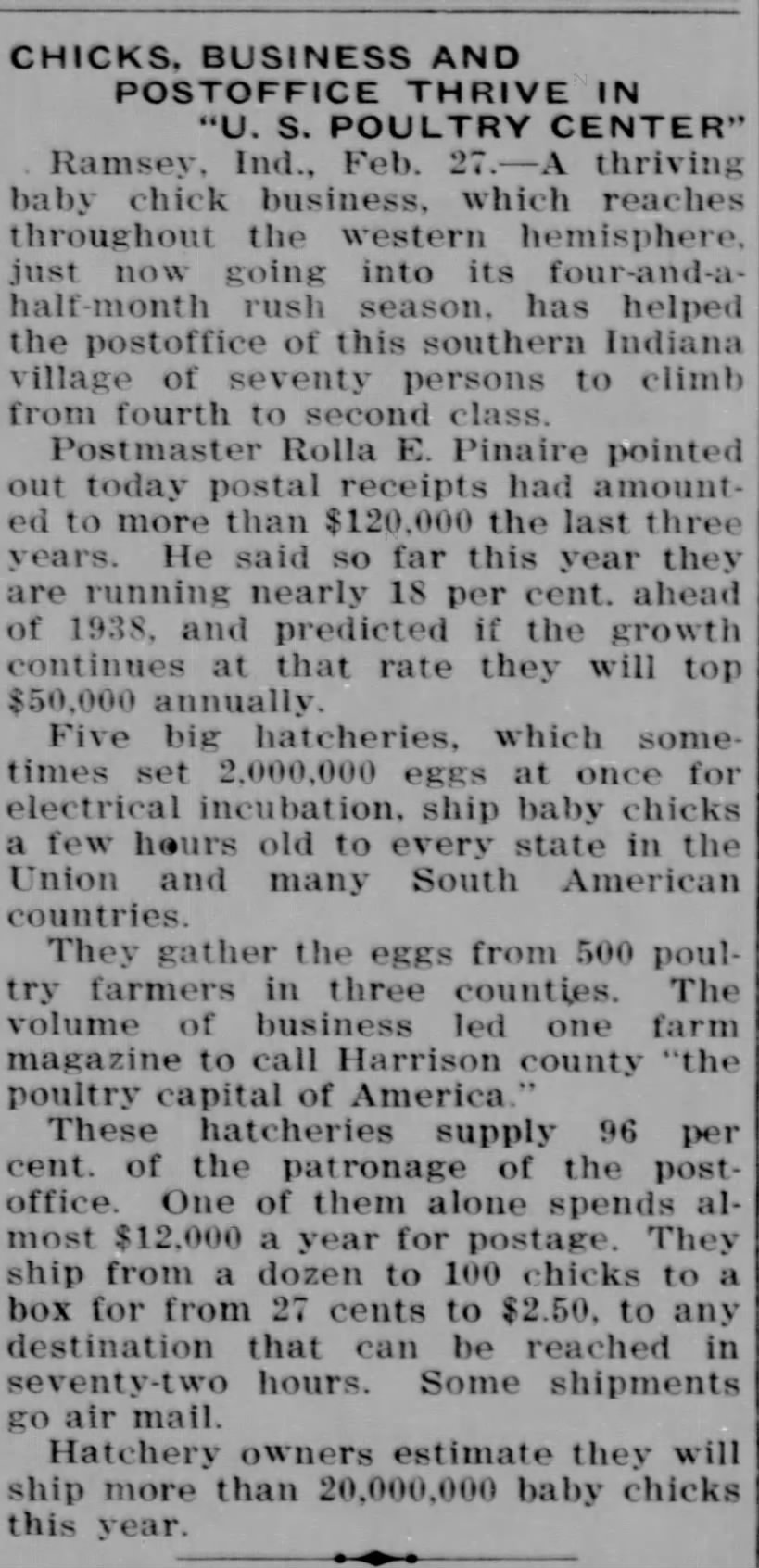 Postmaster Rolla E. Pinaire 2 Mar 1939