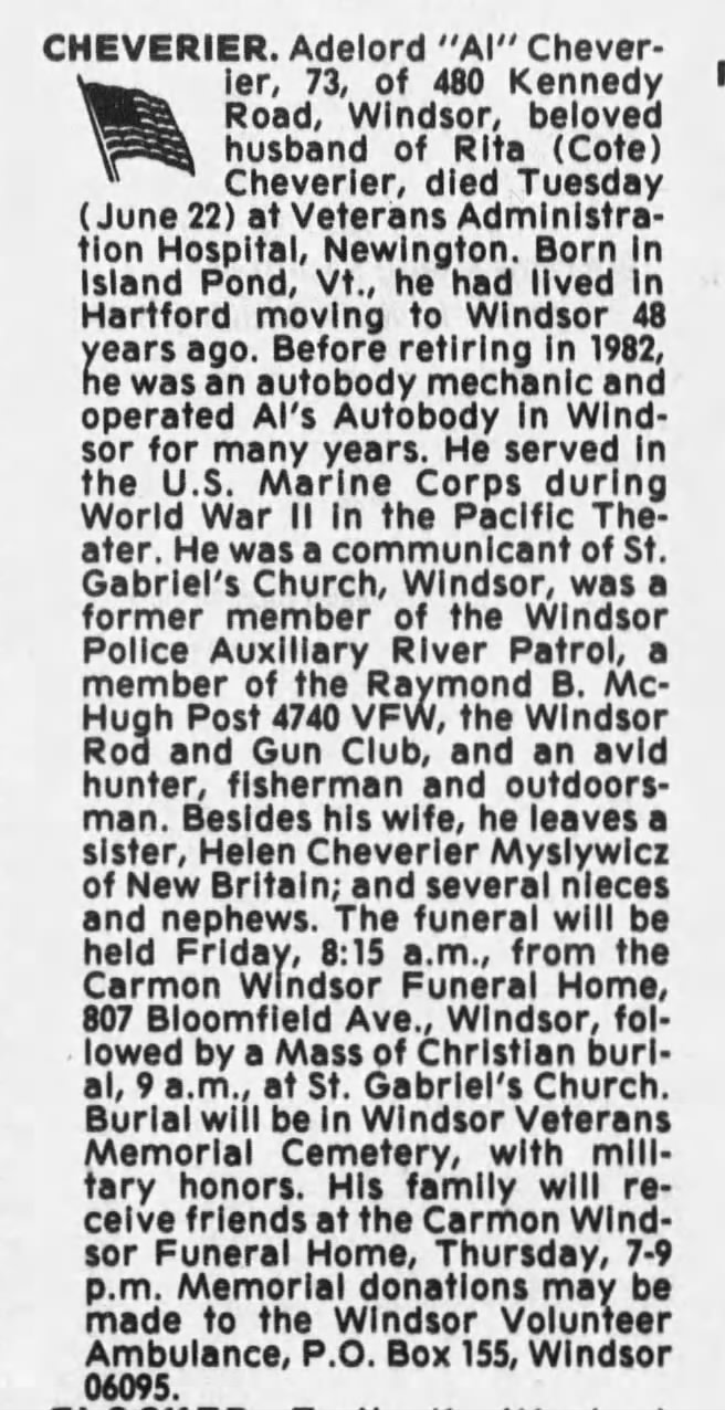Obituary:  Adelard Cheverier  -  Hartford Courant (CT), June 23, 1993 (Wed)