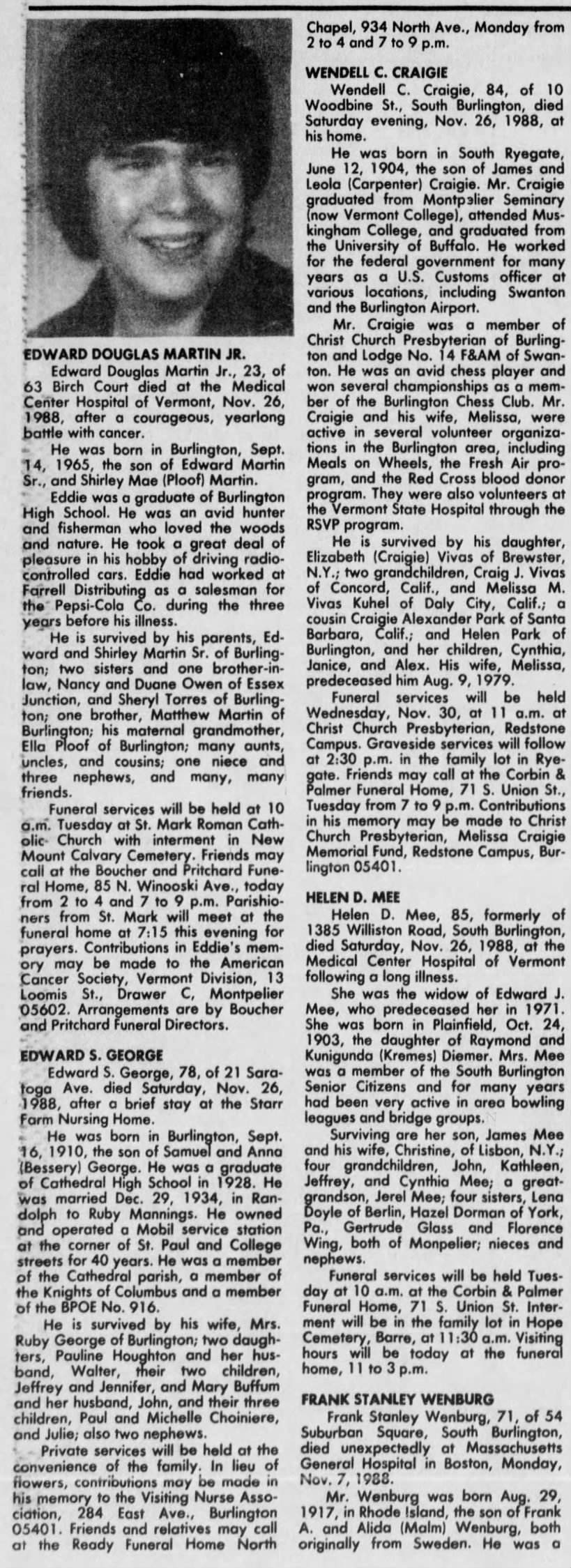 Obituary:  Edward S. George  -  The Burlington Free Press (VT), Nov. 28, 1988 (Mon)