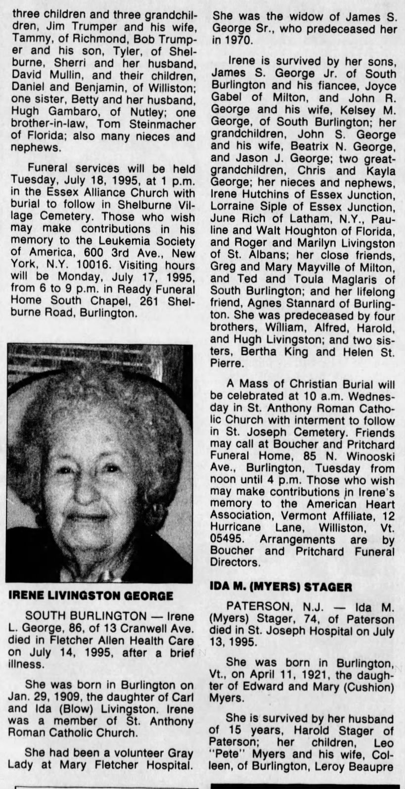 Obituary:  Irene M. (Livingston) George  -  The Burlington Free Press (VT), July 16, 1995 (Sun)