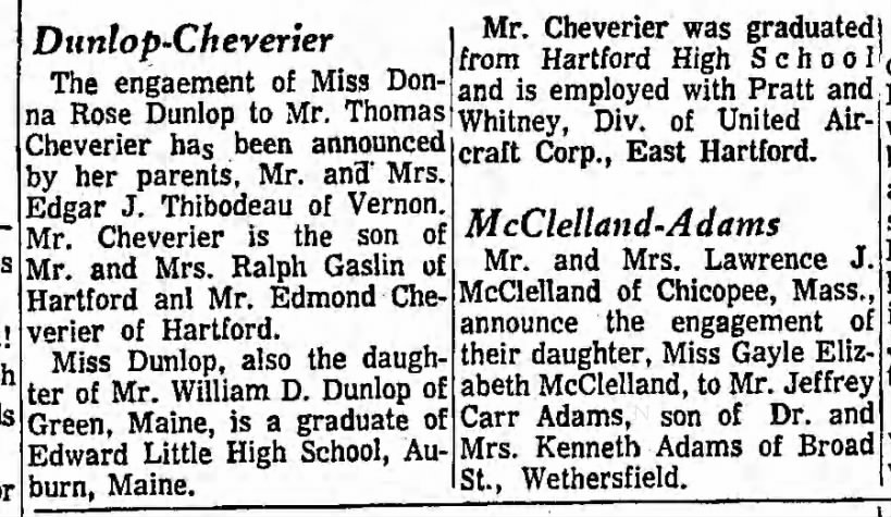 Engagement:  Thomas Cheverier & Donna R. Dunlop -  Hartford Courant (CT), Jan. 18, 1967 (Wed)