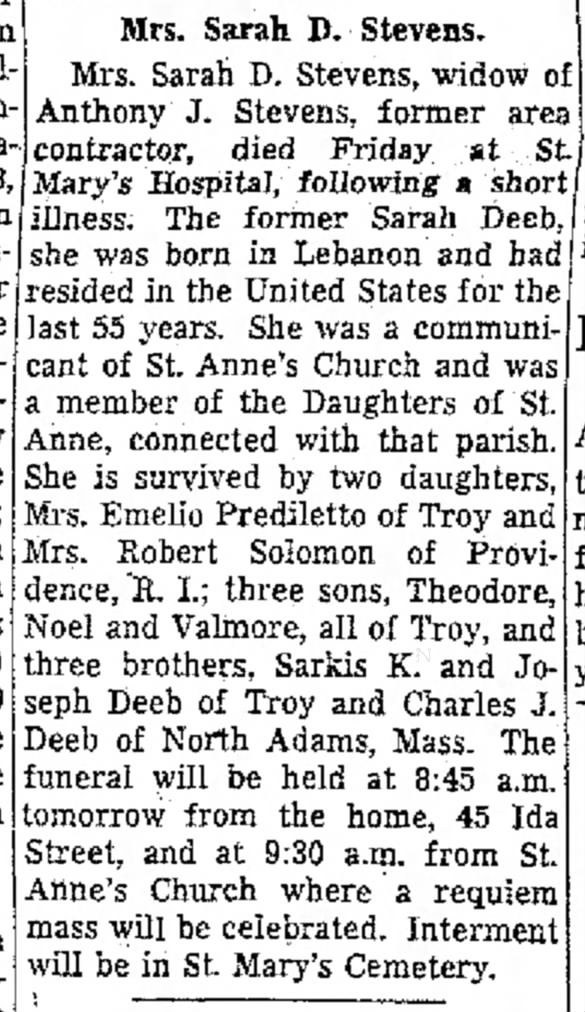 Obituary:  Sarah (Deeb) Stevens  -  The Troy Record (Troy, NY), June 8, 1953 (Mon)