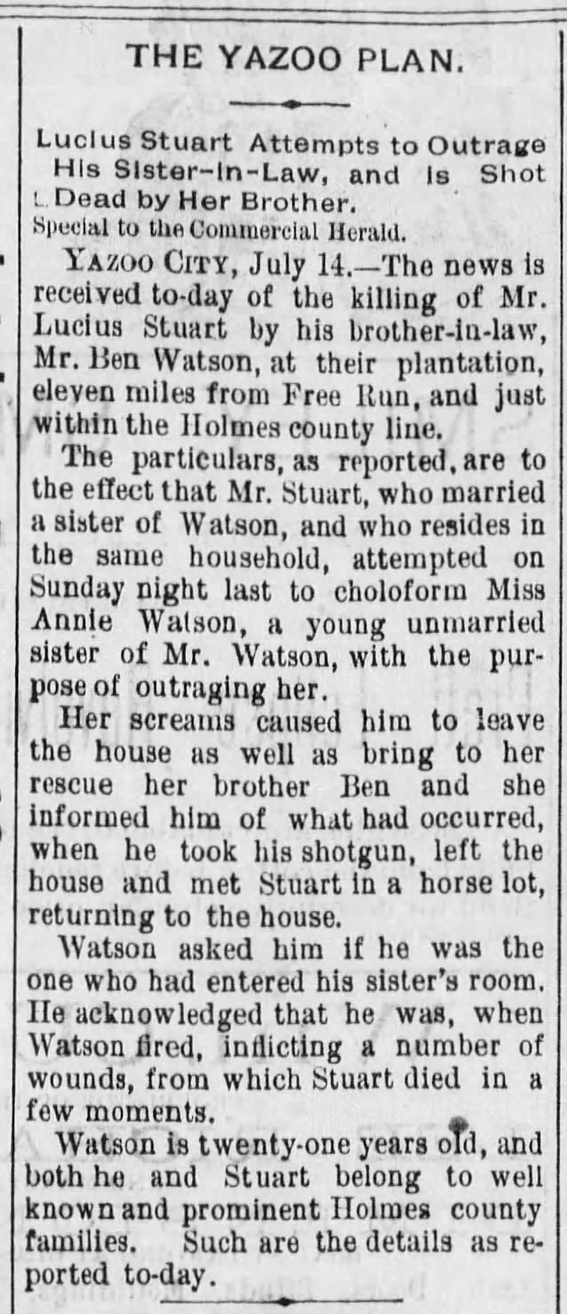 News of murder of Lucius "Stuart" 1885