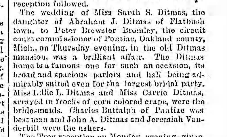 1891 wedding of Abraham Ditmas' dtr Sarah