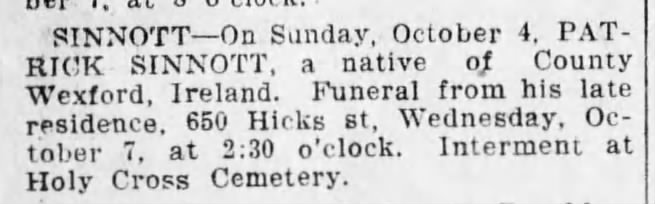 The Brooklyn Daily Eagle; Death Notice for Patrick Sinnott