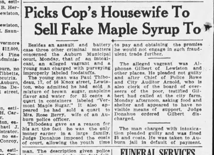 Picks cop's housewife to sell fake maple syrup to