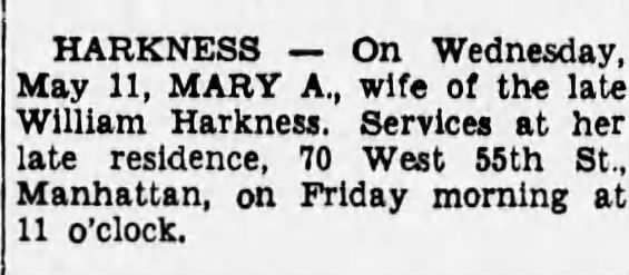 Harkness, Mary Ann Thompson obit 1938