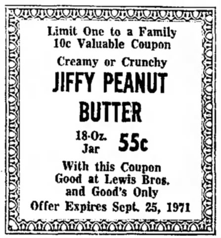 Jiffy Peanut Butter Coupon 1971