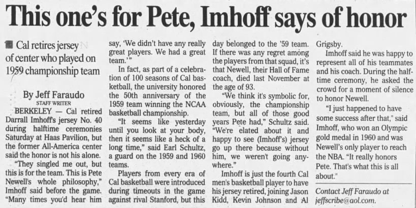 This one's for Pete, Imhoff says of honor
