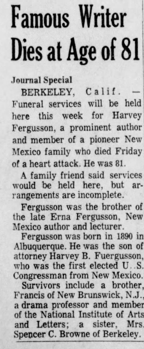 Obituary for Harvey Fergusson (Aged 81)