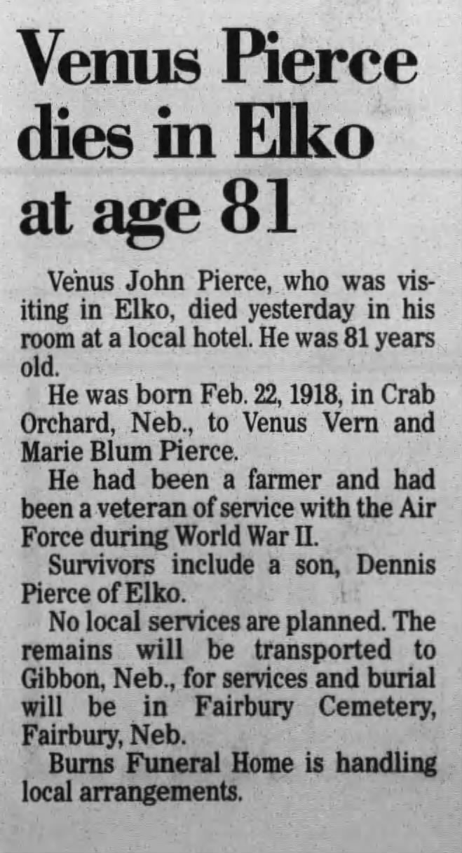 Obituary for Venus John Pierce (Aged 81)