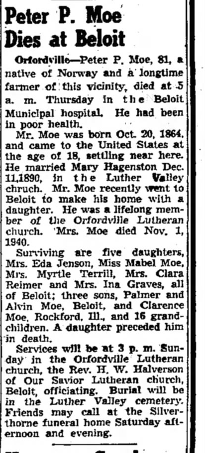 Peter Moe Obituary
Janesville Gazette 11.8.1945